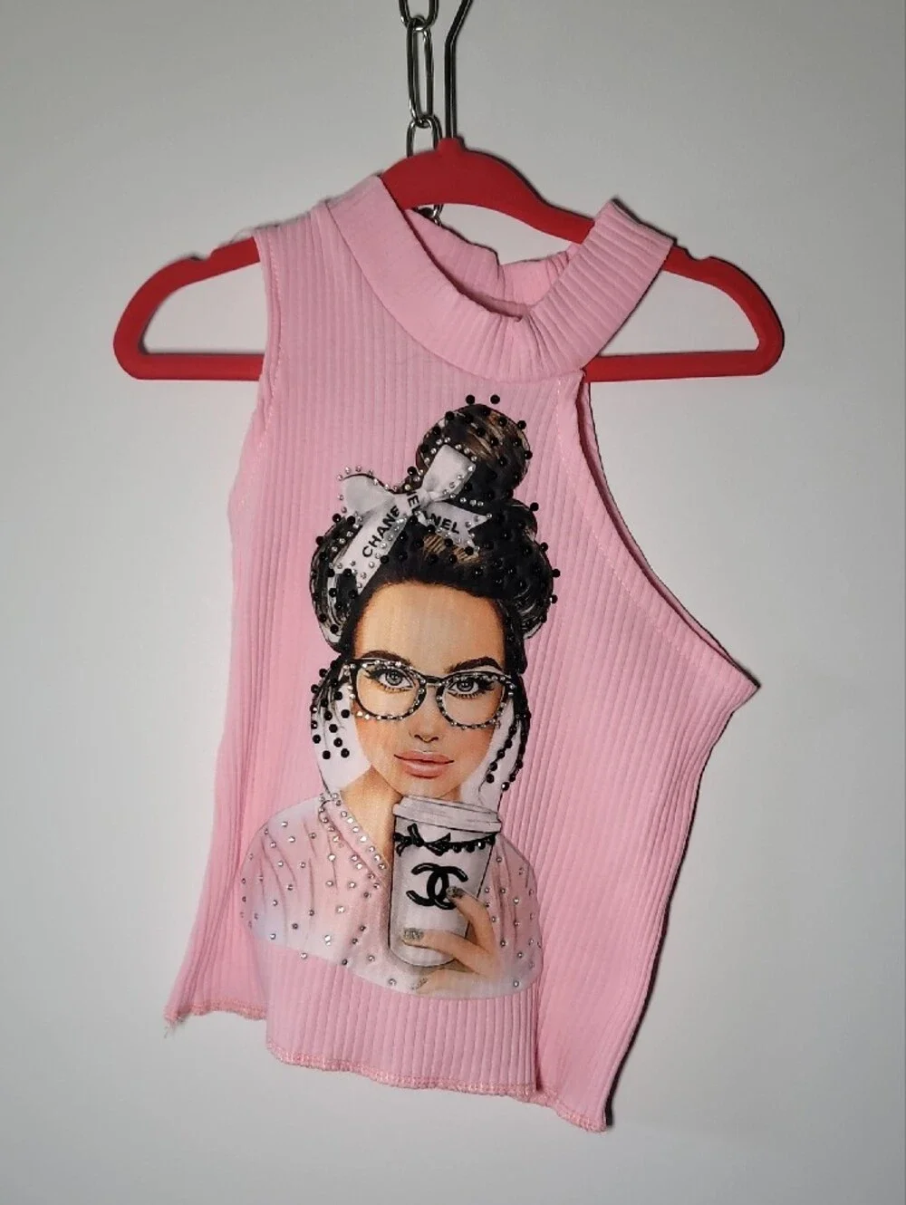 CHANEL Pink Graphic Ribbed Tank and Light Blue Distressed Jeans Kids Set